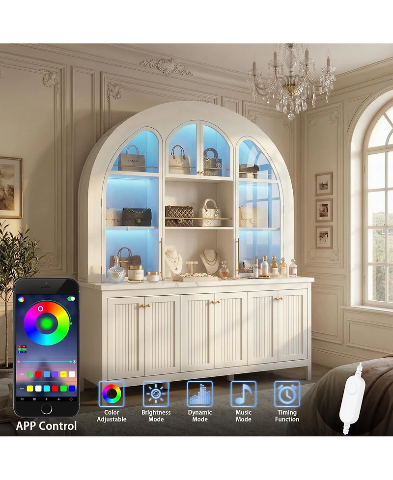 Homsee Modern Cabinet with Bluetooth Led Lighting - Farmhouse Hutch with Rock Texture Finish | Accent Storage Cabinet with Glass Doors