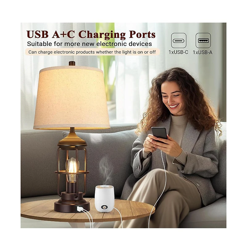 Sofucor 23-inch Table Lamp Set of 2 with Usb Ports, Touch Control 3-Way Dimmable Bedside Lamp with 2 Led Night Light, Farmhouse Rustic Nightstand Lamp
