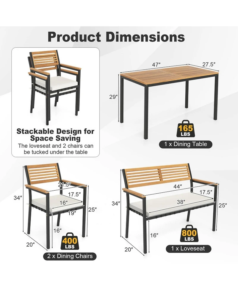 Gouun 4 Piece Acacia Wood Patio Dining Set with Rectangular Table, 2 Chairs and Bench, Umbrella Hole