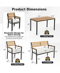 Gouun 4 Piece Acacia Wood Patio Dining Set with Rectangular Table, 2 Chairs and Bench, Umbrella Hole