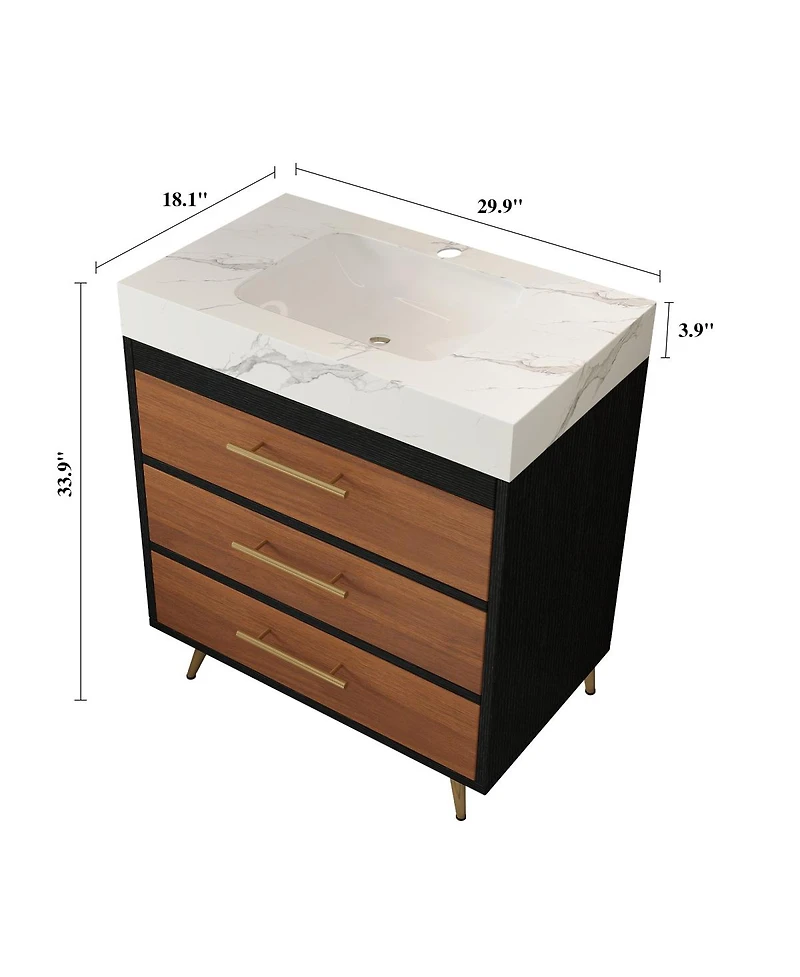 Sillysis Walnut Freestanding Bathroom Vanity with Sintered Stone Top, Ceramic Sink, Tilt-Out and Soft-Close Drawers