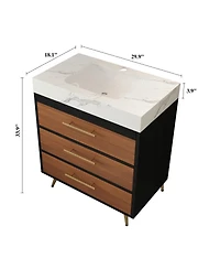 Sillysis Walnut Freestanding Bathroom Vanity with Sintered Stone Top, Ceramic Sink, Tilt-Out and Soft-Close Drawers