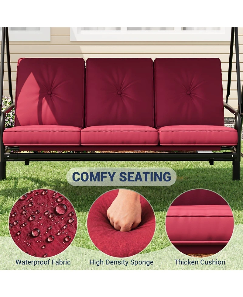 GarveeLife 3 Seat Outdoor Porch Swing with Adjustable Canopy Convertible Patio Swing Bed with Stand Thick Cushions and Cup Holders Weather Resistant