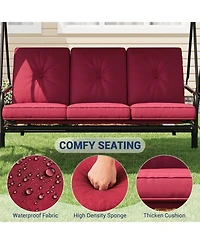 GarveeLife 3 Seat Outdoor Porch Swing with Adjustable Canopy Convertible Patio Swing Bed with Stand Thick Cushions and Cup Holders Weather Resistant