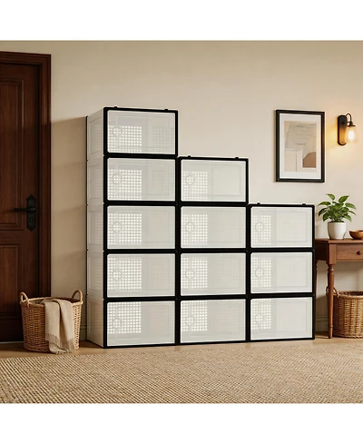 homfan 12Pcs Clear Collapsible Shoe Storage Boxes - Stackable Transparent Organizer Bins for Closet, Home, and Shoes Space-Saving