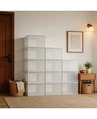 homfan 12Pcs Clear Collapsible Shoe Storage Boxes - Stackable Transparent Organizer Bins for Closet, Home, and Shoes - Space-Saving