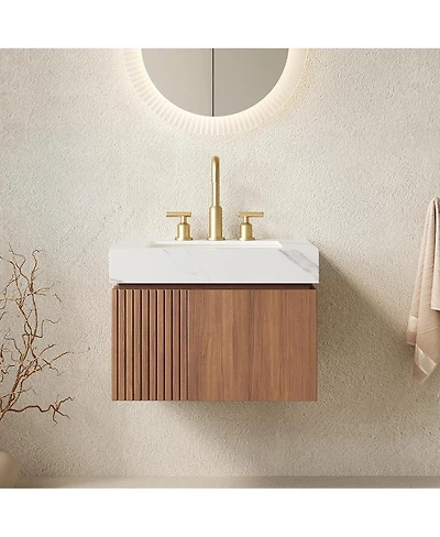 Sillysis Wall Mounted Bathroom Vanity, Carrara Sintered Stone Top, 3-Hole Ceramic Sink, Soft Close Cabinet