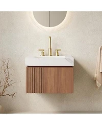 Sillysis Wall Mounted Bathroom Vanity Carrara Sintered Stone Top 3 Hole Ceramic Sink Soft Close Cabinet Pre Assembled