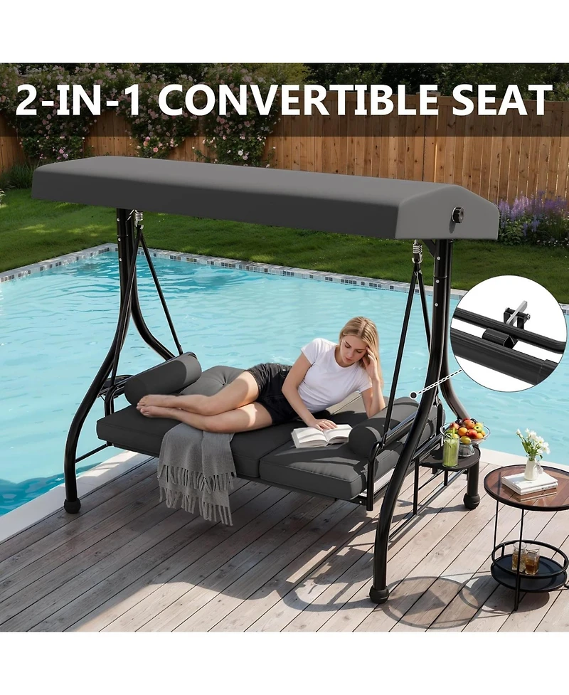 GarveeLife Outdoor Porch Swing with Adjustable Canopy 3 Seat Patio Swing Chair Heavy Duty Outdoor Swing with Cup Holder Tray Cushion and Pillows