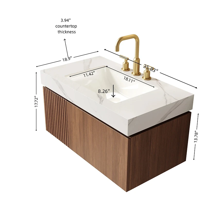Sillysis Wall Mounted Bathroom Vanity, Carrara Sintered Stone Top, 3-Hole Ceramic Sink, Soft Close Cabinet