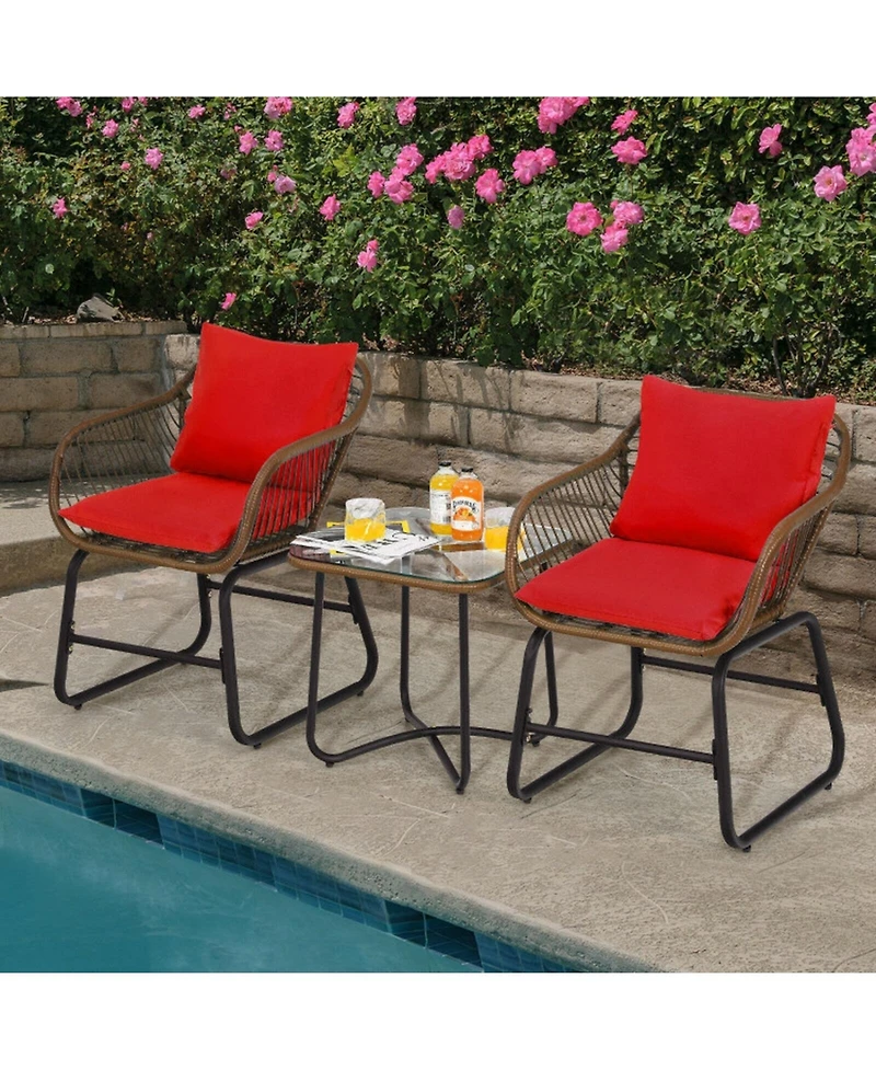 Gouun 3 Piece Outdoor Rattan Bistro Conversation Set with Glass Side Table and 2 Armchairs