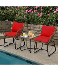 Gouun 3 Piece Outdoor Rattan Bistro Conversation Set with Glass Side Table and 2 Armchairs