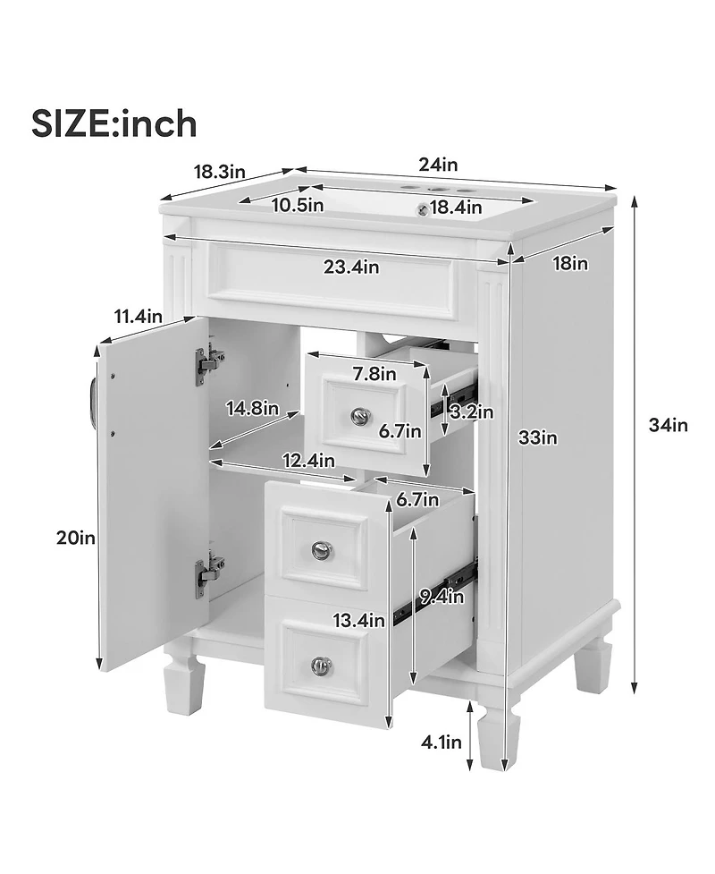 Sillysis 24 Inch French Freestanding Bathroom Vanity with Ceramic Sink, 2 Drawers and Adjustable Shelf for Small Spaces