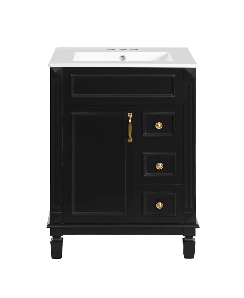 Sillysis 24 Inch French Freestanding Bathroom Vanity with Ceramic Sink, 2 Drawers and Adjustable Shelf for Small Spaces