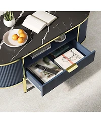 gaomon 48" Oval Coffee Table with Storage, Modern Luxury Coffee Table with Drawer and Faux Marble Top, Fluted Center Table with Curved Profile Design