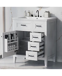 Sillysis 30 Inch Modern Bathroom Vanity with Ceramic Sink, Solid Wood, Multiple Drawers and Door Shelf for Stylish Bath