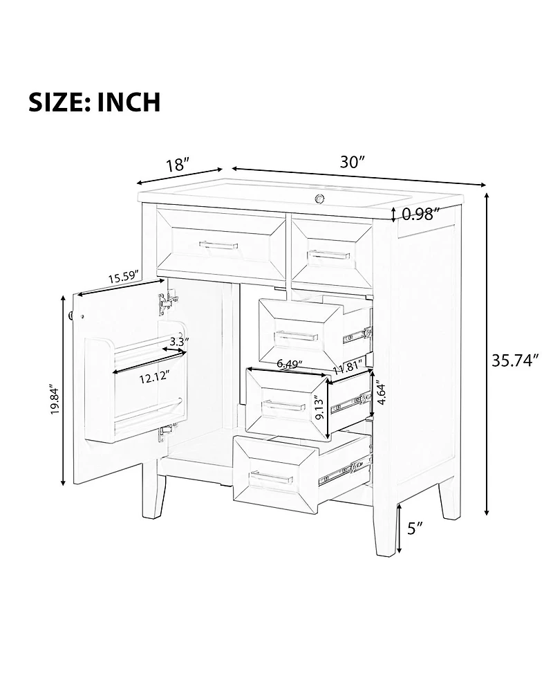 Sillysis 30 Inch Modern Bathroom Vanity with Ceramic Sink, Solid Wood, Multiple Drawers and Door Shelf for Stylish Bath