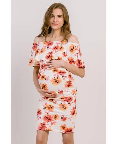 Hello Miz Maternity Floral Off-the-Shoulder Ruffle Bodycon Dress