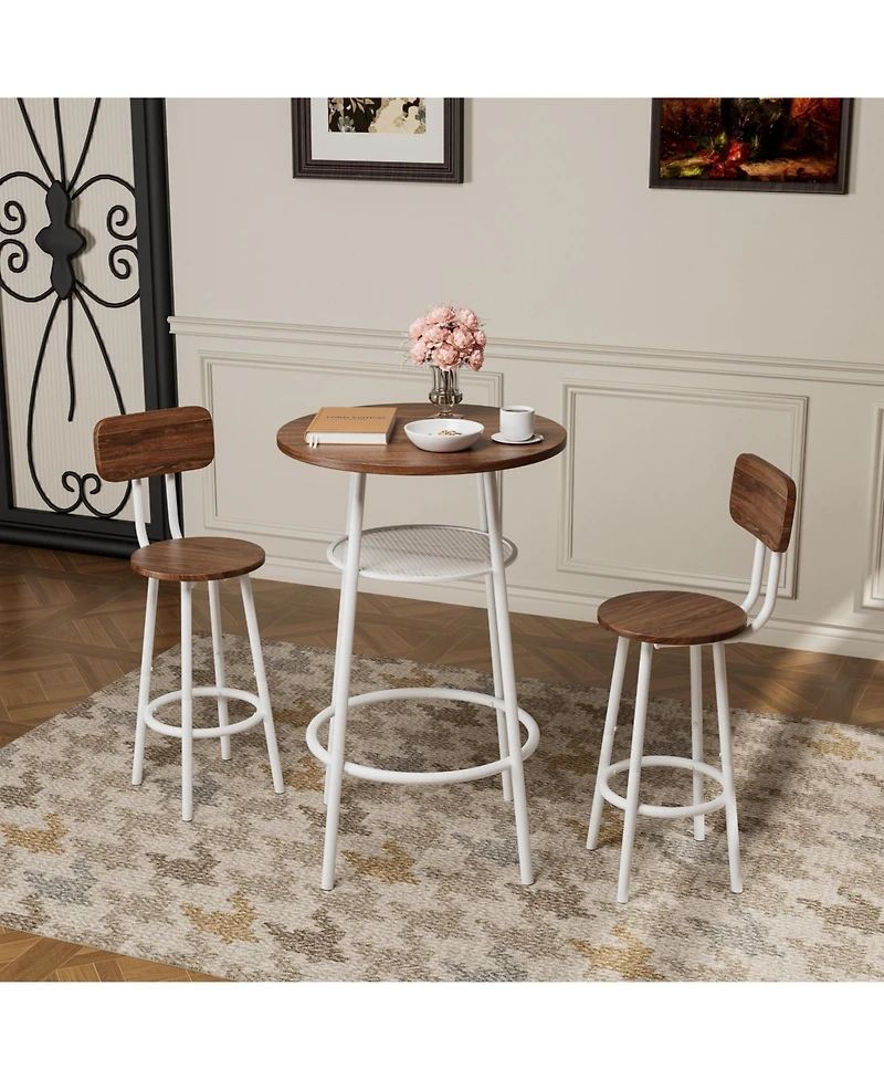flynama 3-Piece 36" Counter-Height Bar Table Set with 2 Stools, Storage Shelf for Small Kitchen and Balcony