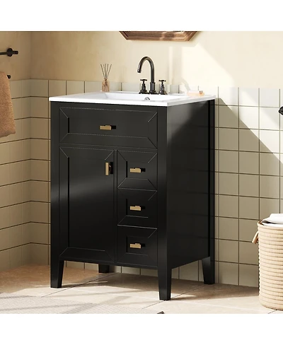 Sillysis 24 Inch Modern Black Bathroom Vanity with Ceramic Sink, Ample Drawer Storage, Solid Wood Frame for Small Spaces