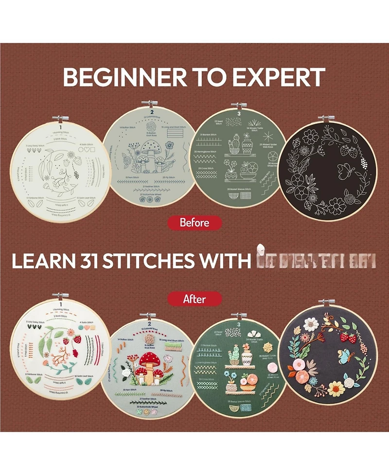 Gnuadz 4-piece Embroidery Kit Beginners Simple Patterns 31 Stitches