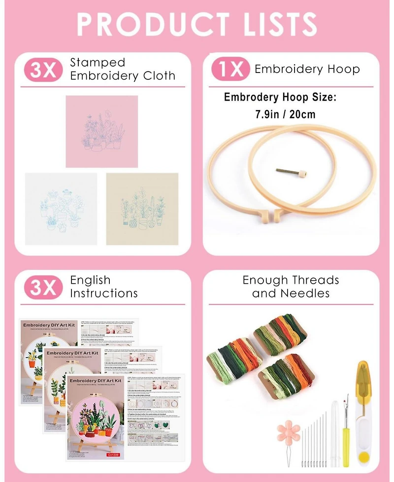 Gnuadz 3 Pack Embroidery Kit Adult Diy Stamped Patterns Plants