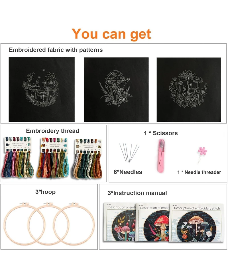 Gnuadz Embroidery Kit Mushroom Patterns Hoops Fabric Threads