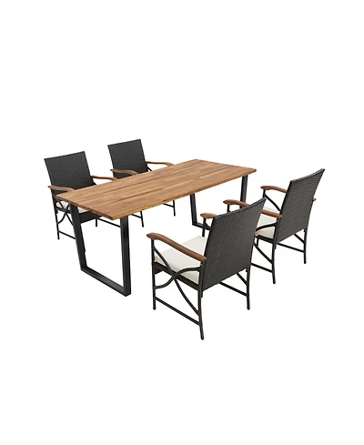 Clihome 5 Pieces Patio Rattan Dining Set with Acacia Wood Table and Armrests