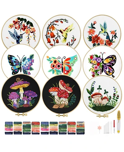 Gnuadz 9 Sets Embroidery Kit Beginner Hummingbird Butterfly Mushroom Flower Hoop Threads Techniques