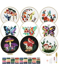 Gnuadz 9 Sets Embroidery Kit Beginner Hummingbird Butterfly Mushroom Flower Hoop Threads Techniques
