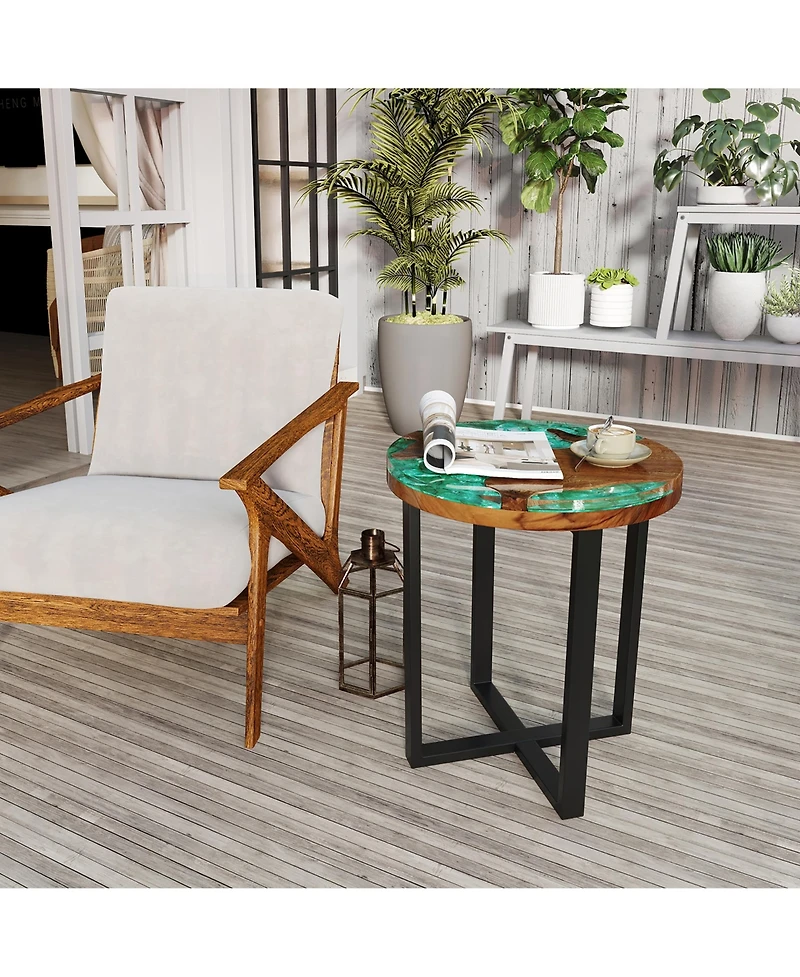 Gymax 20'' Round Teak Wood End Table Solid Live Edge Outdoor Side Table with Mahogany Base