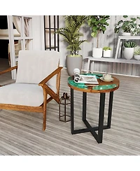 Gymax 20'' Round Teak Wood End Table Solid Live Edge Outdoor Side Table with Mahogany Base