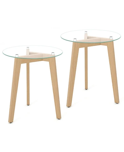 Slickblue Set of 2 Tempered Glass Side Tables Round Design with Rubber Wood Frame