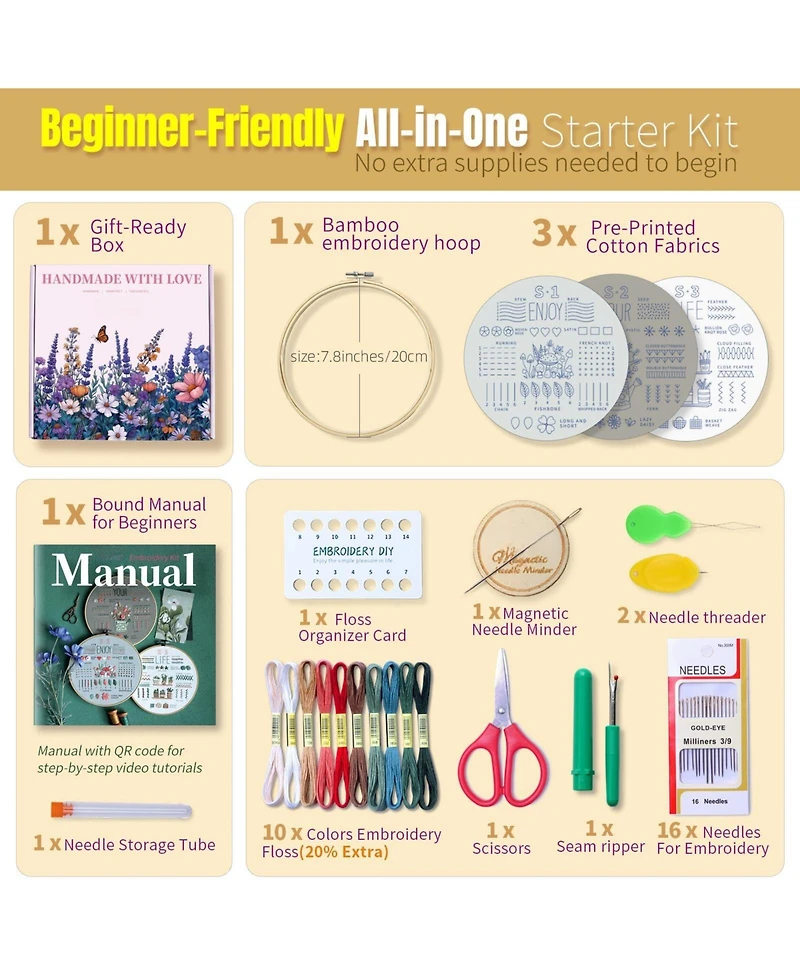 Gnuadz Embroidery Kit Beginners 4k Video Tutorials 33 Stitches Guide Magnetic Minder Diy Gift