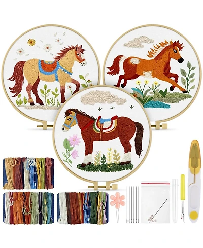 Gnuadz 3 Pack Embroidery Kit Horse Stamped Patterns Hoop Tools Threads