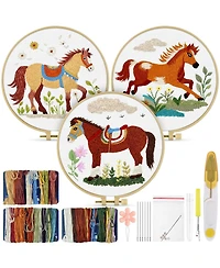 Gnuadz 3 Pack Embroidery Kit Horse Stamped Patterns Hoop Tools Threads