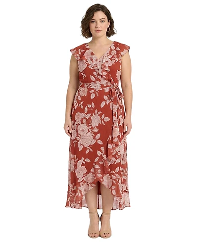London Times Plus Printed Wrap V-Neck Dress