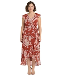 London Times Plus Printed Wrap V-Neck Dress