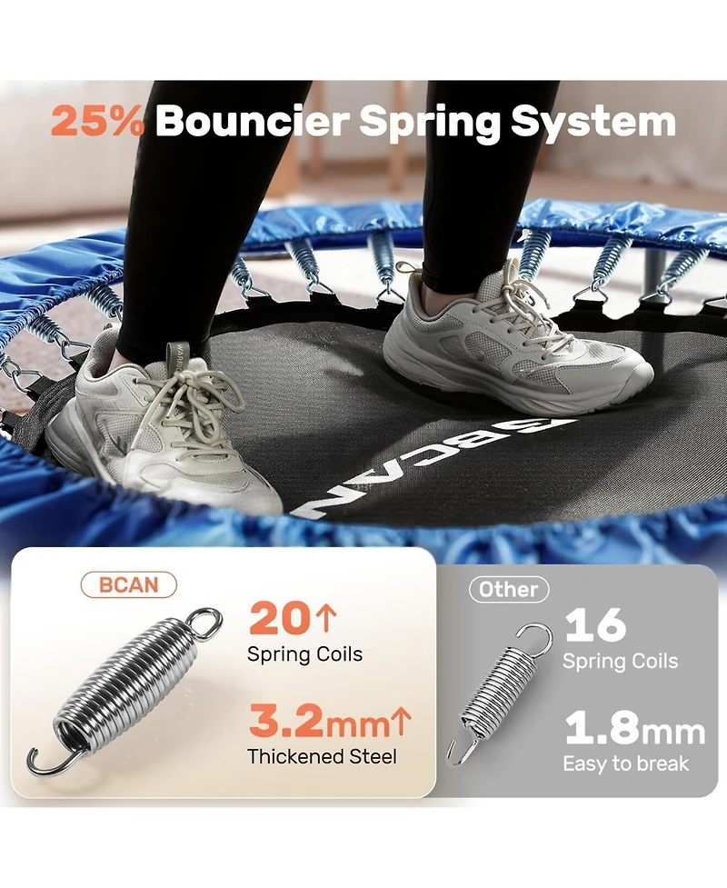 Bcan SP2 48" Blue Foldable Mini Trampoline, 440lbs Capacity, Adjustable Foam Handle, Indoor/Garden Fitness Rebounder