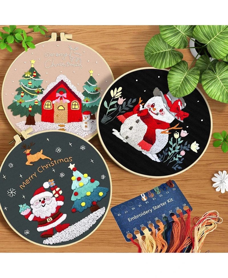 Gnuadz 3 Sets Christmas Embroidery Kit Beginners Cross Stitch Hoops Threads