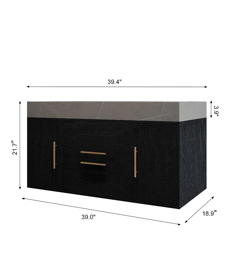 Sillysis 39.4 Inch Floating Bathroom Vanity with Faux Marble Top, Luxury Modern Black Wall Mounted Solid Wood Cabinet and Ceramic Sink