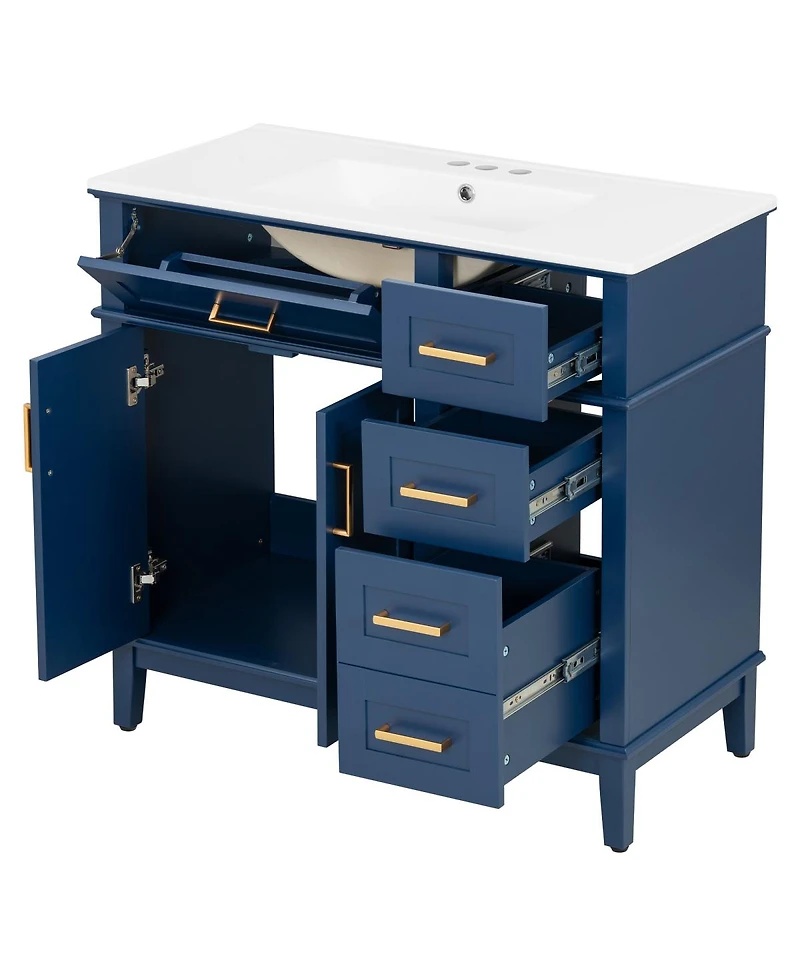 Sillysis 36" Modern Bathroom Vanity with Sink, Freestanding Solid Wood Cabinet, Soft Close Drawers for Home