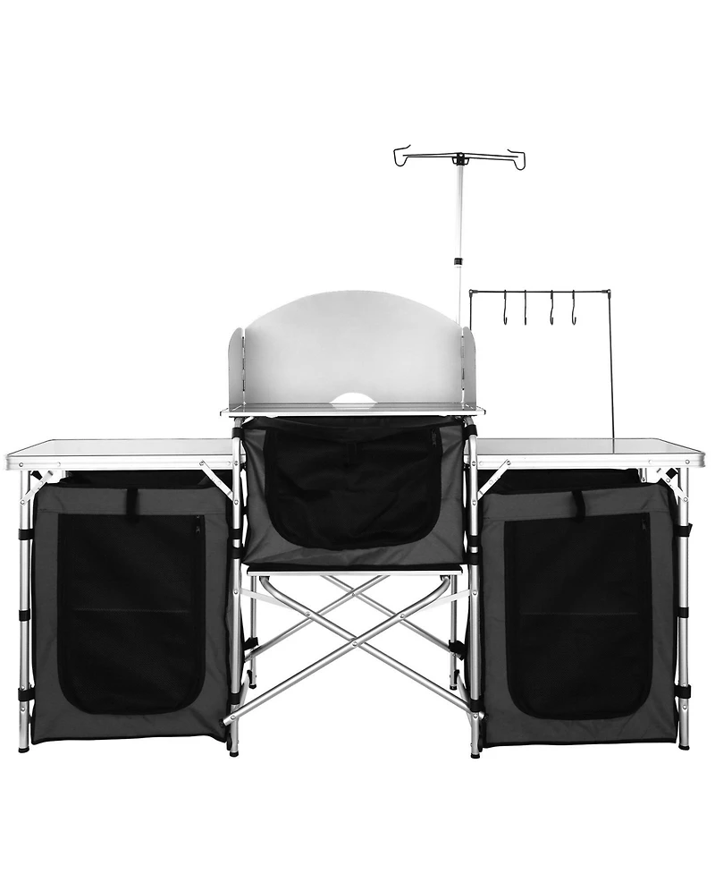 Gouun Folding Camping Kitchen Table with 3 Cupboards, Detachable Windscreen and Carrying Bag