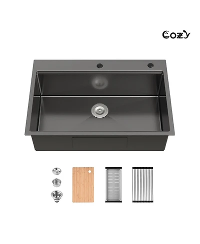 Busdays 33 x 22 Inch Stainless Steel Kitchen Sink Single Bowl Overmount Handmade with Cutting Board and Colander