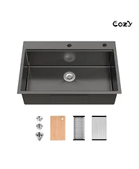 Busdays 33 x 22 Inch Stainless Steel Kitchen Sink Single Bowl Overmount Handmade with Cutting Board and Colander