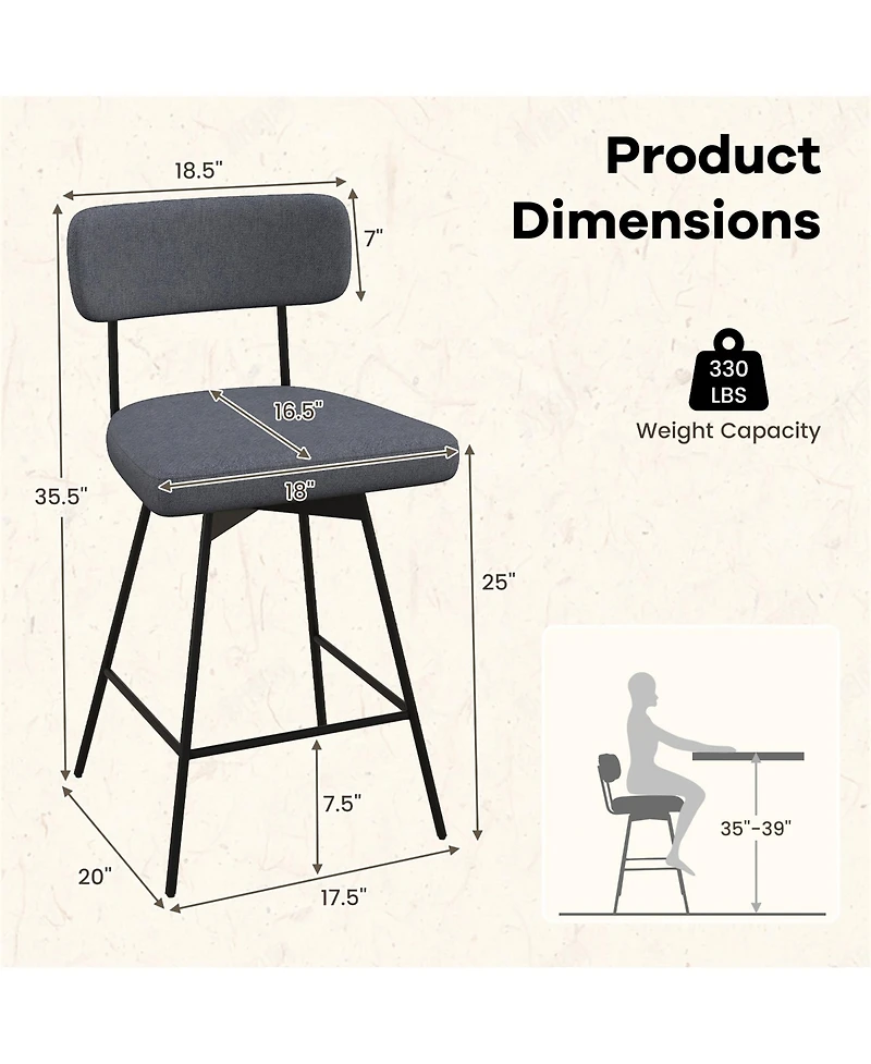 Gymax Bar Stools Set of 2 Modern Upholstered 360degree(s)Swivel Chairs 25'' Counter Height Barstools