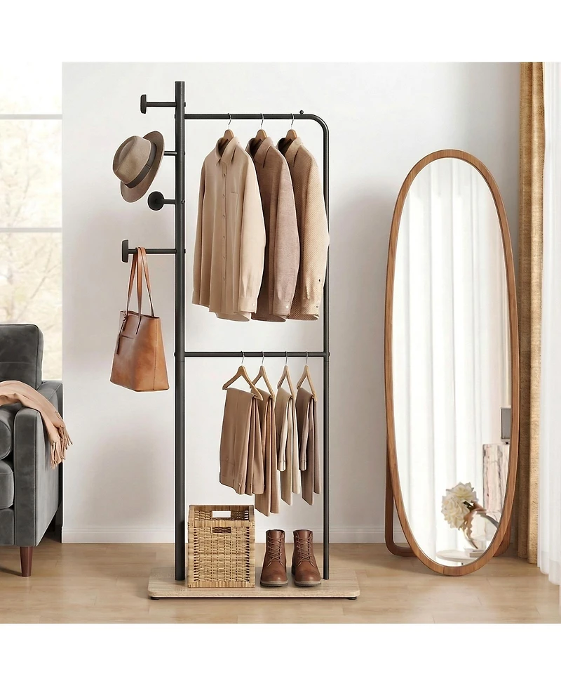Slickblue Freestanding Double Rod Clothing Rack with Wooden Hooks for Closet Organization