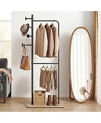 Slickblue Freestanding Double Rod Clothing Rack with Wooden Hooks for Closet Organization