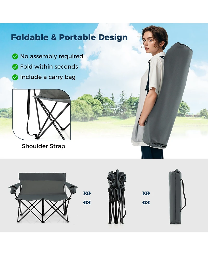Gouun 2-Person Double Camping Chair, Outdoor Folding Loveseat with Cup Holders and Carrying Bag