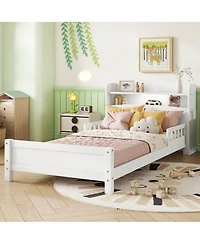 Sailvan Twin Pine Wood Bed with Bookcase Headboard ,Led Motion Sensor Light, Guardrails